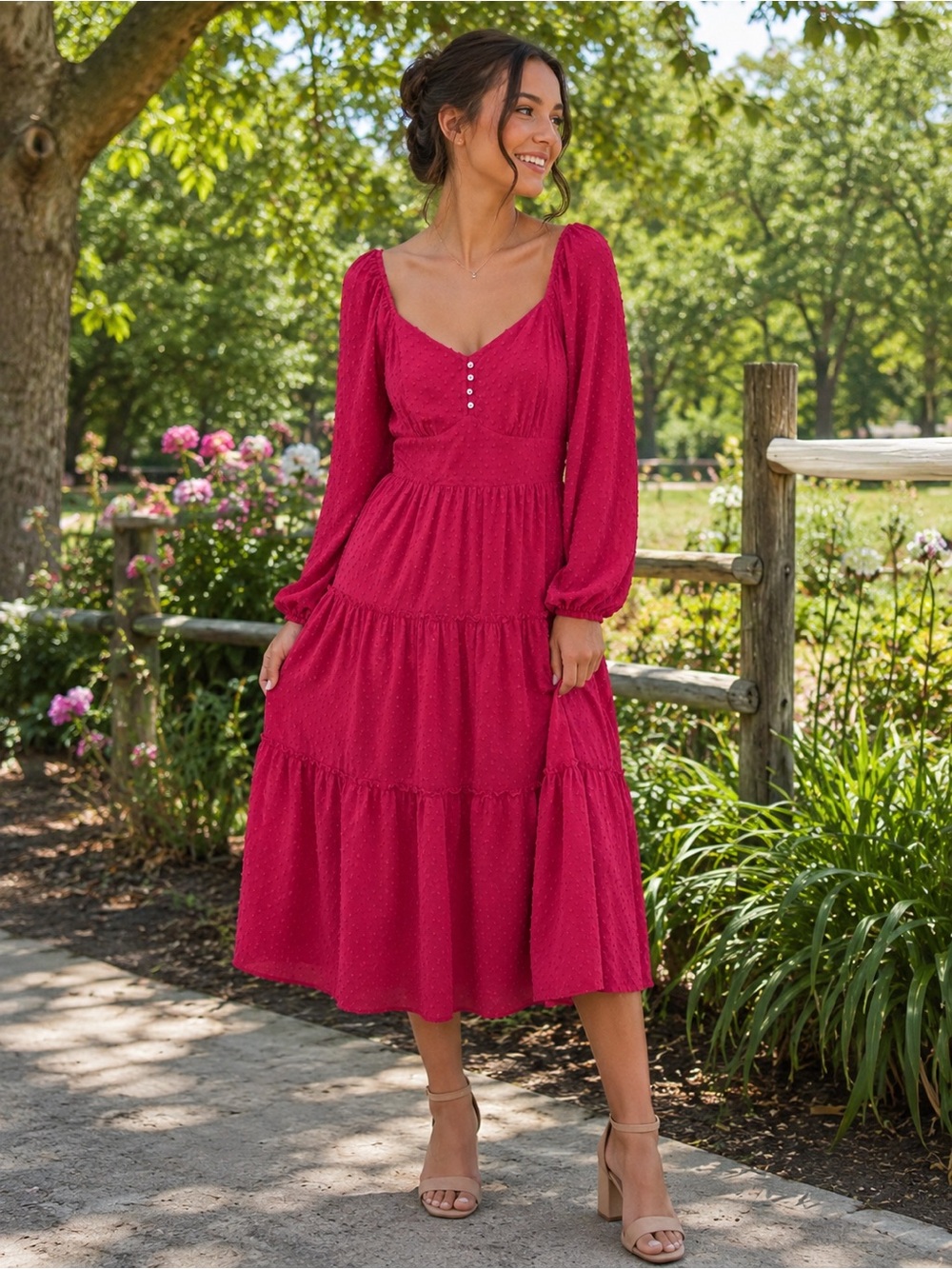 J.Crew Fuchsia Swiss Dot Tiered Midi Dress Size 4